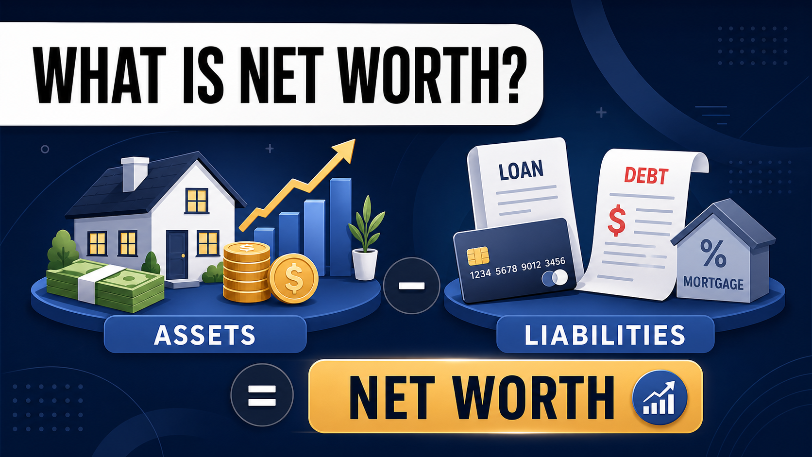 Illustrated net worth concept showing assets and liabilities
